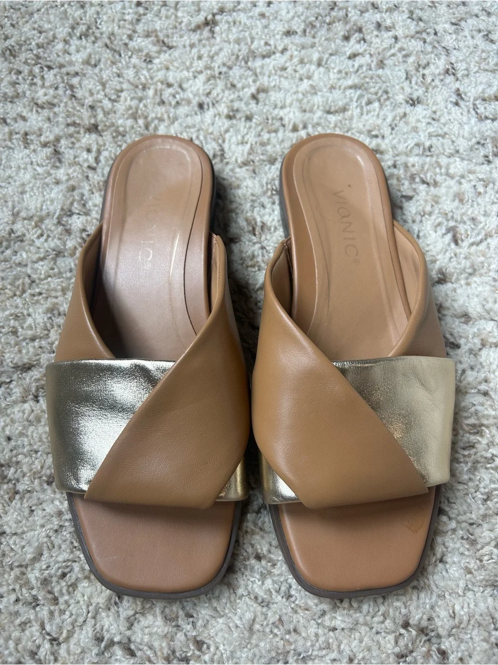 Vionic Miramar Women's Comfort Slide Sandal Gold/Brown Leather Size 6.5
